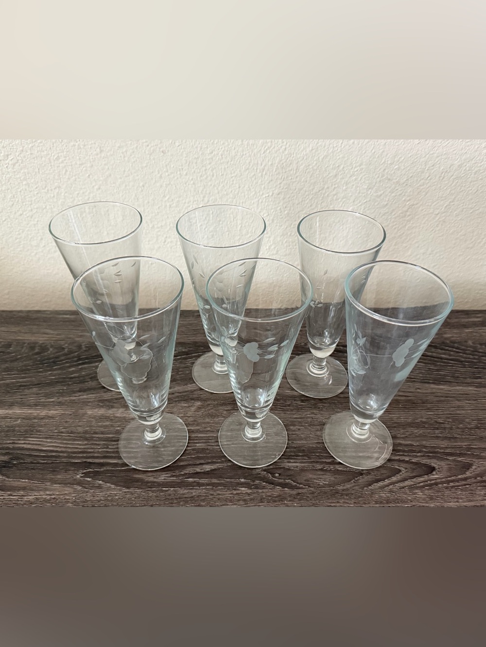 Princess House Heritage Clear Etched Floral Pilsner Glasses - Set of 6 #442